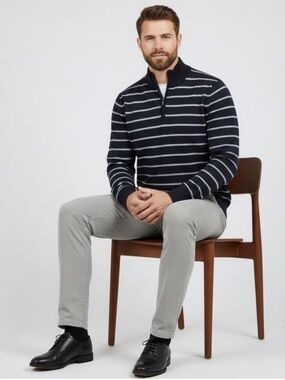 Brooks Brothers 1/4 Zip Men’s, Blue Striped 100% Merino Wool Sweater — Size-XXL